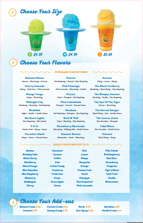 Tropical Sno Festus Menu